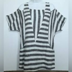 Soft Surroundings Sunset Tunic Gray White Striped Linen Cold Shoulder Top Sz L